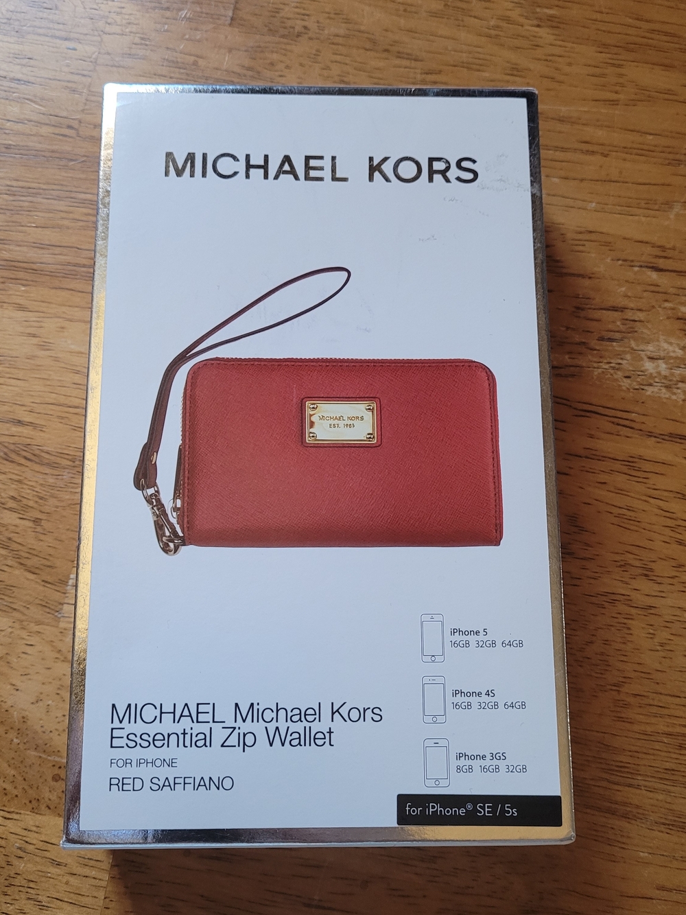 Michael Kors Red Saffiano Zip Wallet Wristlet with Gold Plaque